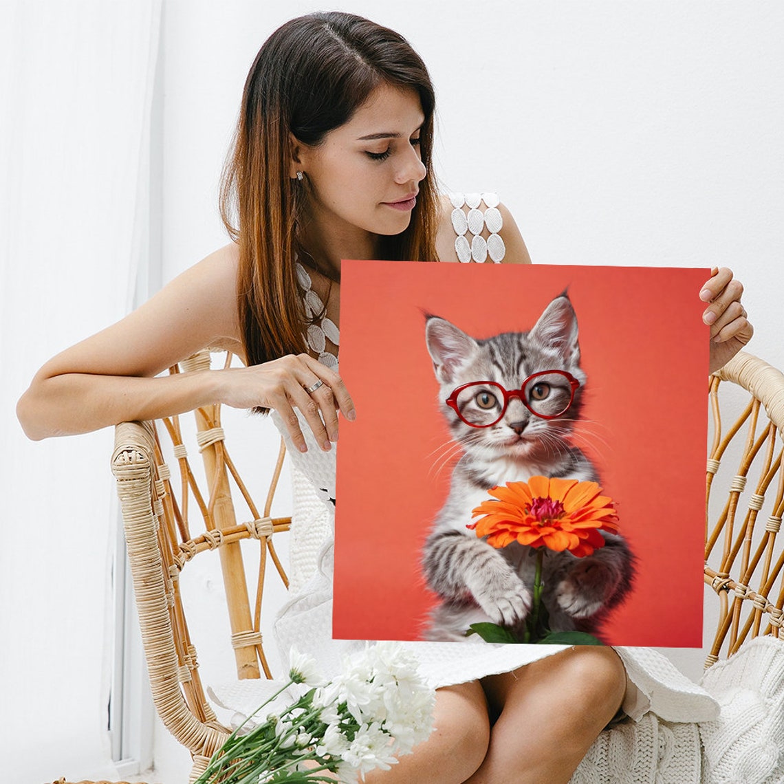 Cute Kitten Red Glasses Orange Flower Playful Pop Art Poster - Image 3