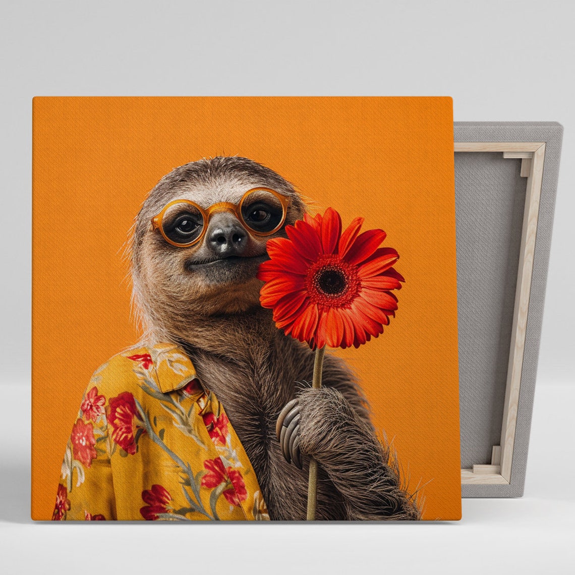 Flower Power Sloth Orange Glasses Red Daisy Retro Hipster Wall Art