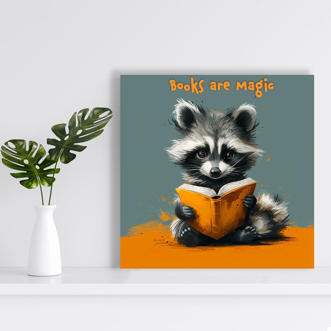 Raccoon Reading Book Books Are Magic Quote Nursery Library Wall Poster - Image 2