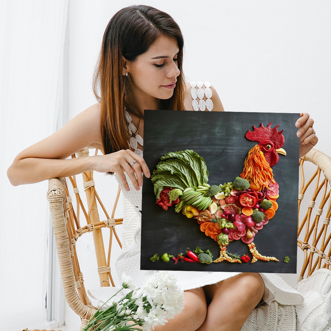 Veggie Rooster Whimsical Nature Kitchen Art Print - Image 3