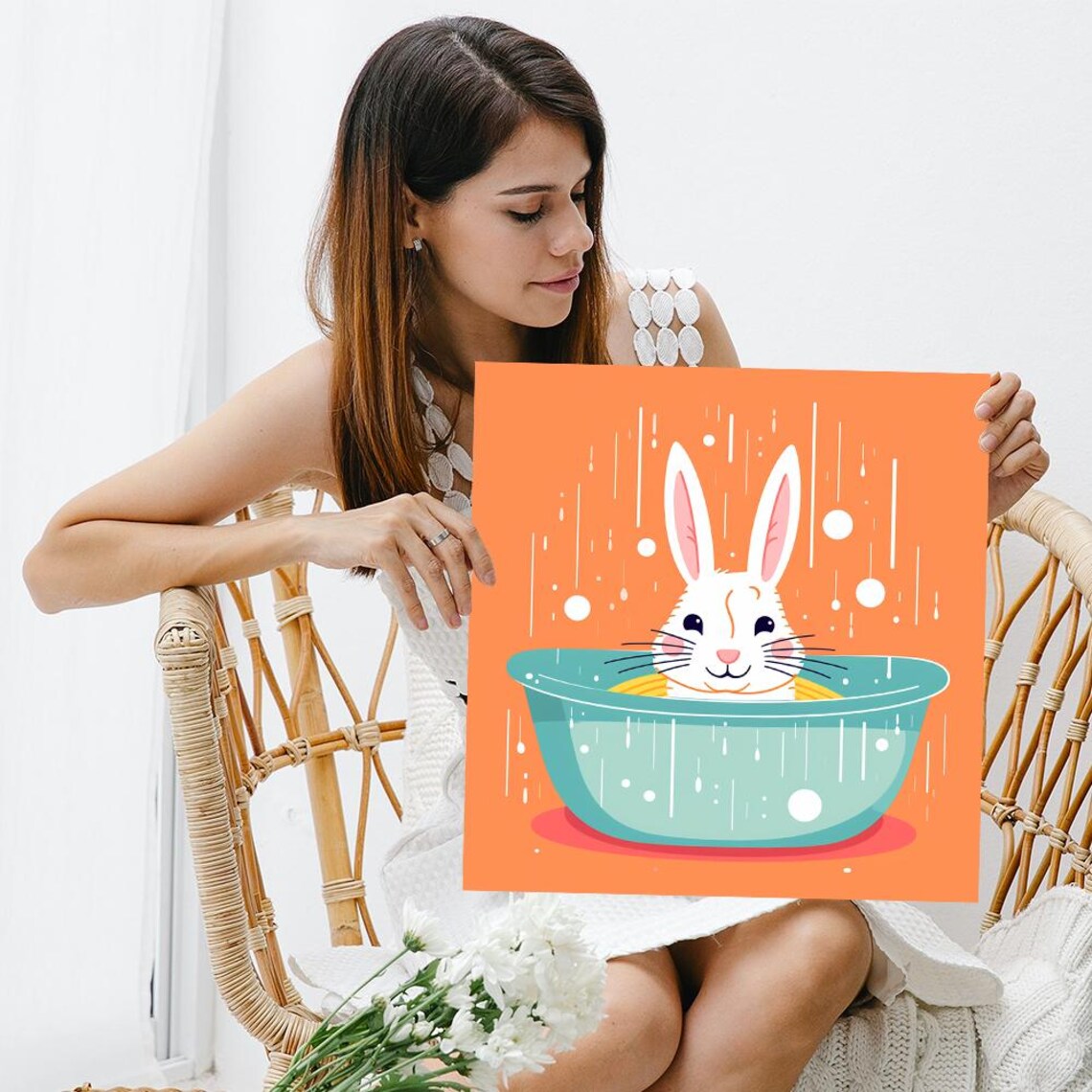 Cheerful Bunny Bath Time Art Print, Whimsical Nursery - Image 3