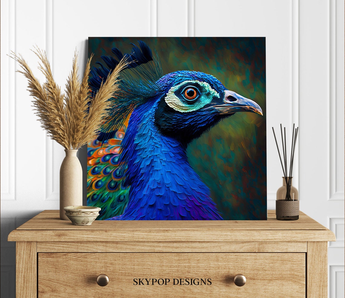 Vivid Blue Peacock Head Close Up Colorful Painterly Bird Art Poster - Image 2