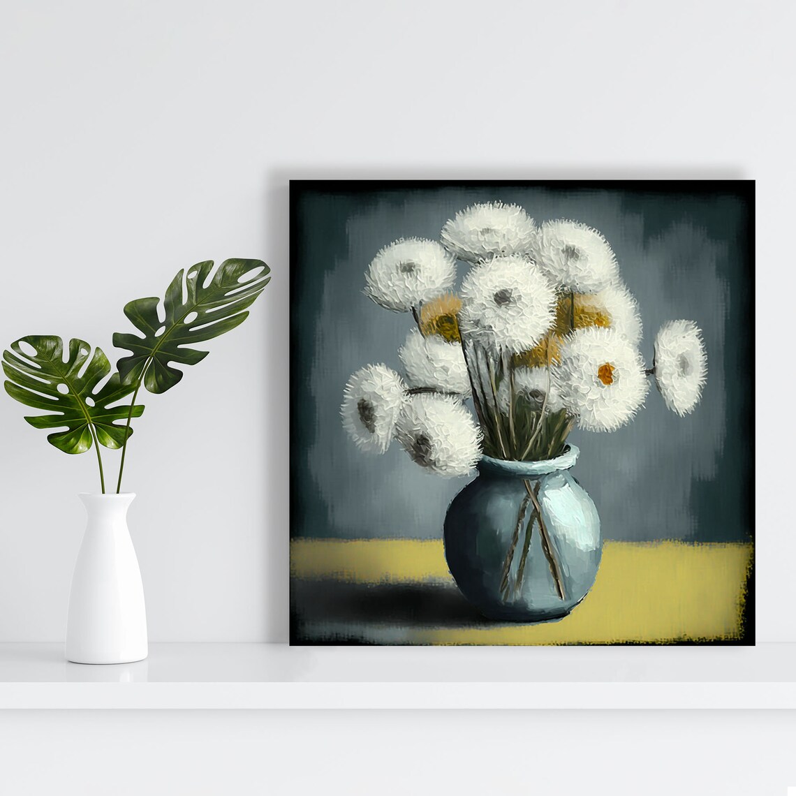 White Dandelion Seed Head Bouquet Blue Vase Modern Minimal Flower Poster - Image 2