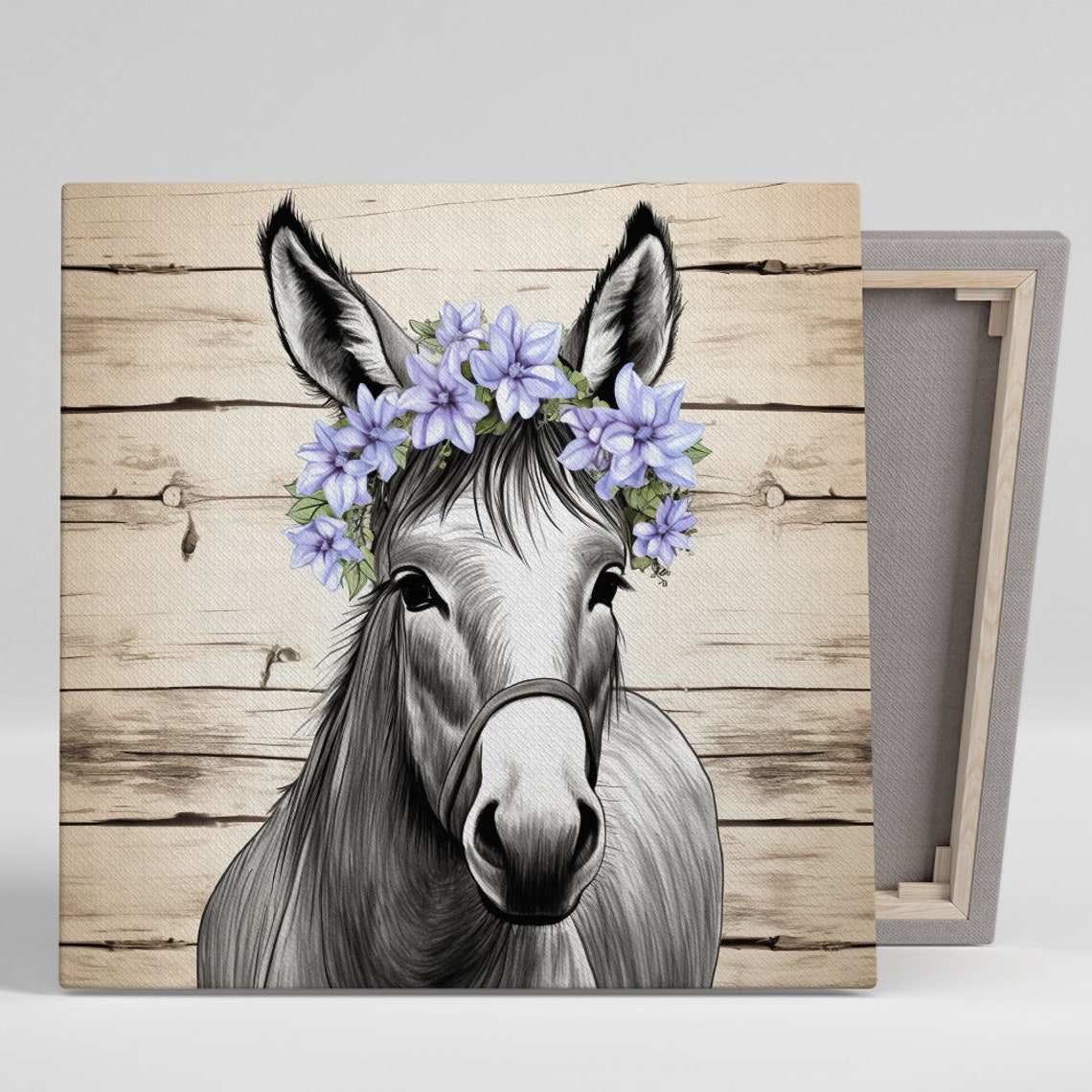 Donkey Portrait Purple Flower Crown Rustic Wood Plank Art Poster