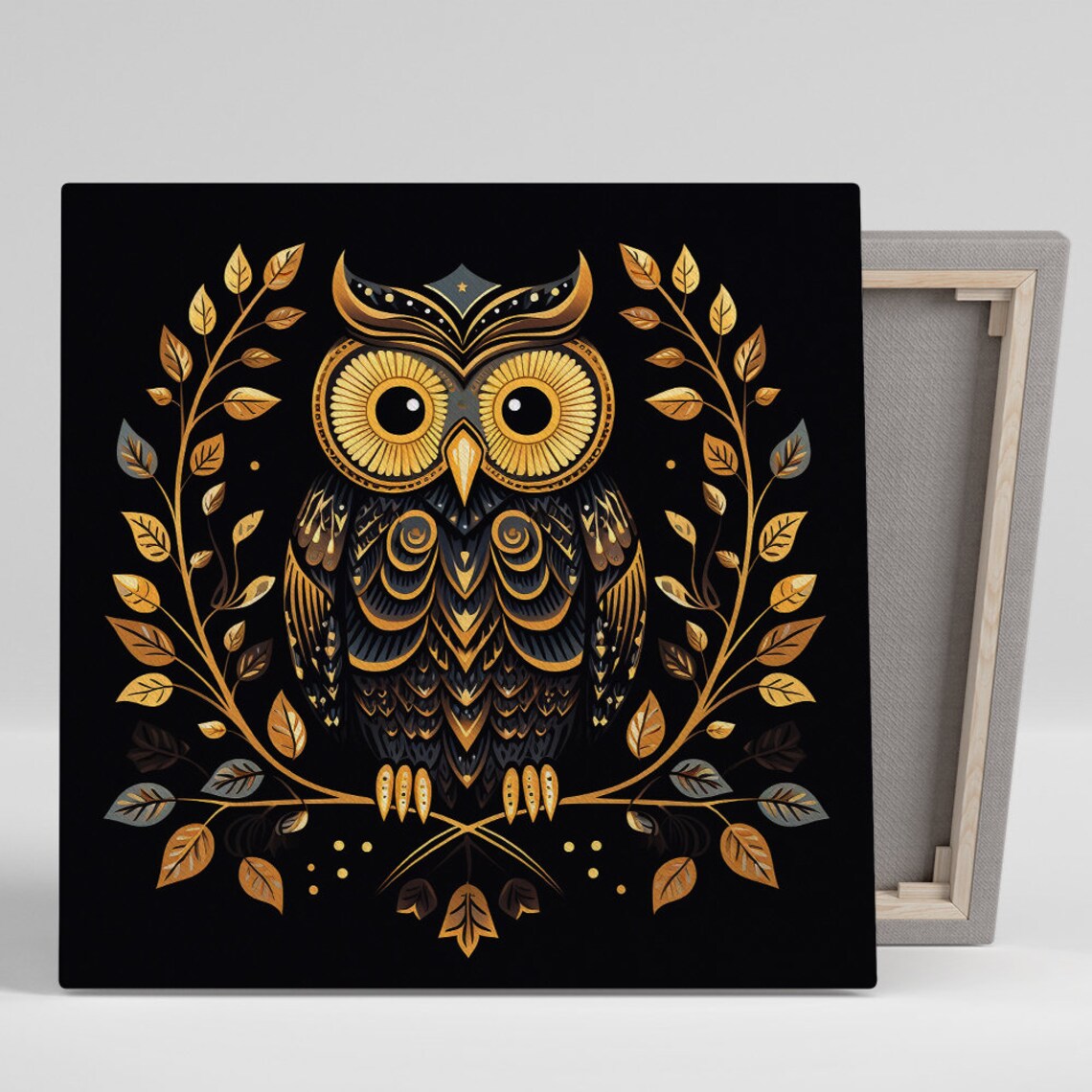 Golden Owl Black Gold Art Deco Elegant Leaf Wreath Bird Poster