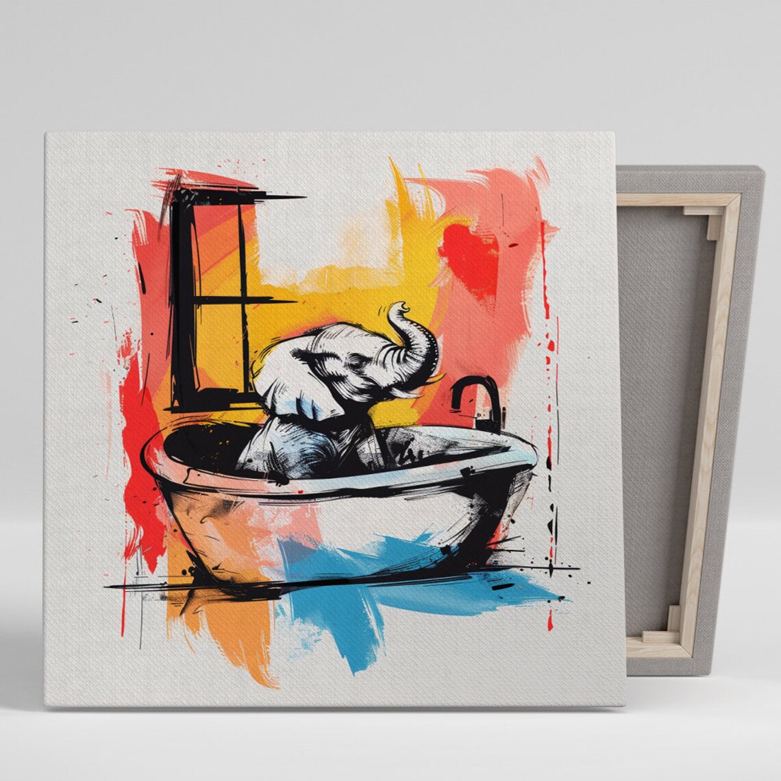 Baby Elephant In Bathtub Sunset Window Playful Bathroom Poster