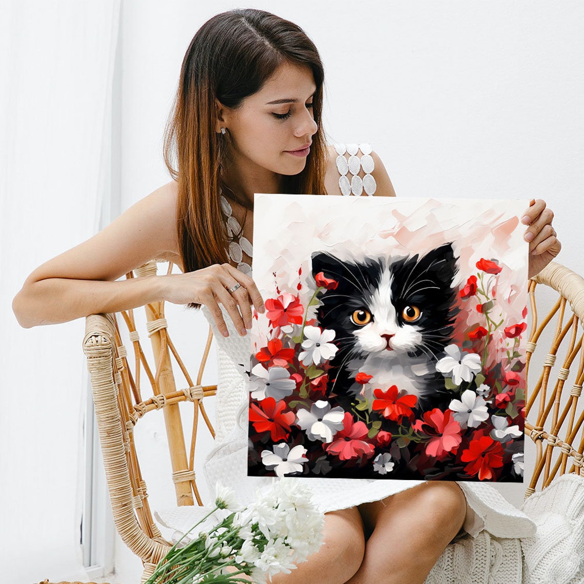 Black And White Kitten Among Red Flowers Cute Floral Cat Canvas Poster - Image 5