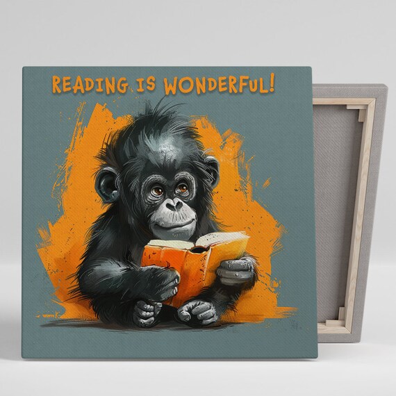 Chimpanzee Art Or Poster Whimsical Contemporary Decor Childrens Room Office Living Room Wall Art Orange Black Grey Reading Theme