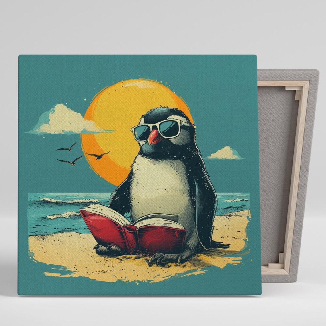 Penguin Beach Day, Whimsical Coastal Animal Art Print