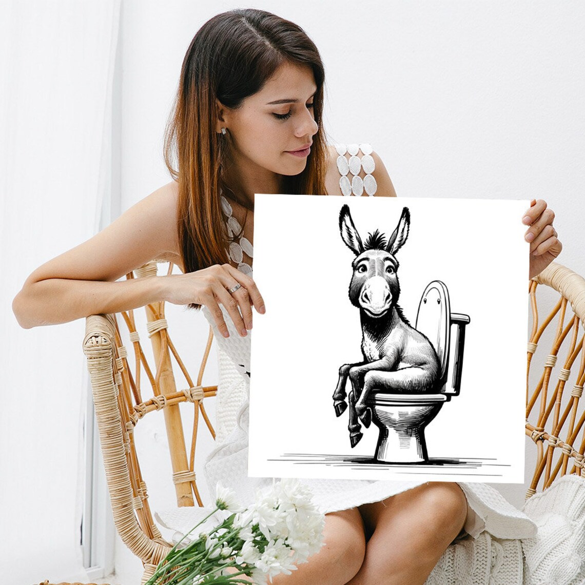 Funny Cartoon Donkey Sitting On Toilet Bathroom Humor Wall Art Poster - Image 3