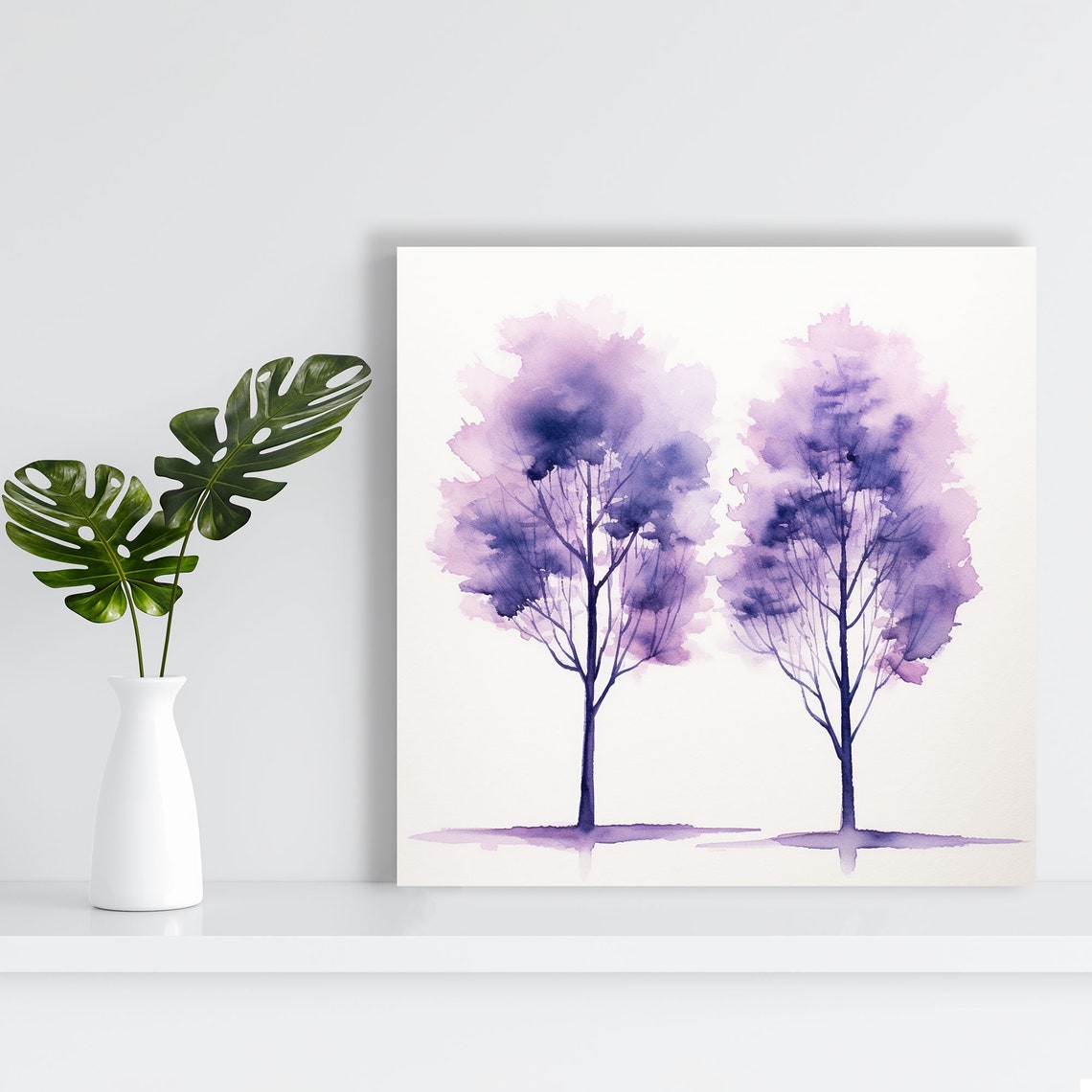 Twin Purple Watercolor Trees Serene Minimalist Botanical Art Poster - Image 2