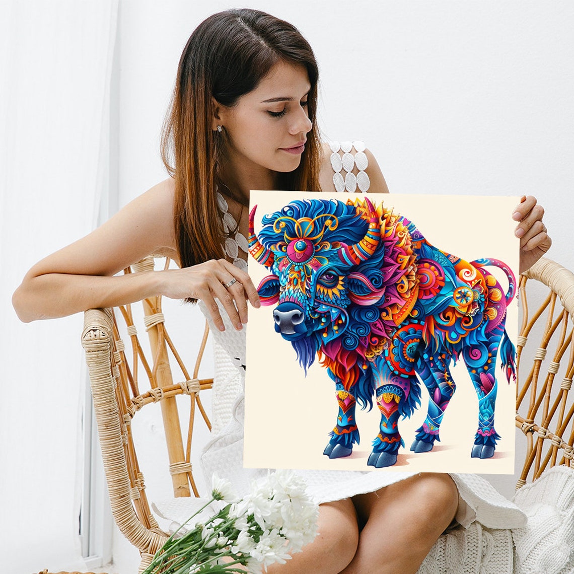 Psychedelic Bison Mandala Blue Magenta Orange Boho Spirit Poster - Image 3