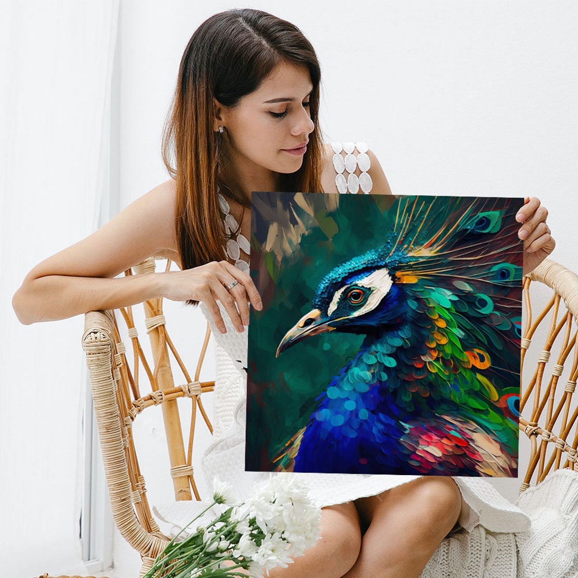Colorful Peacock Head Close Up Painterly Blue Green Plumage Poster - Image 5