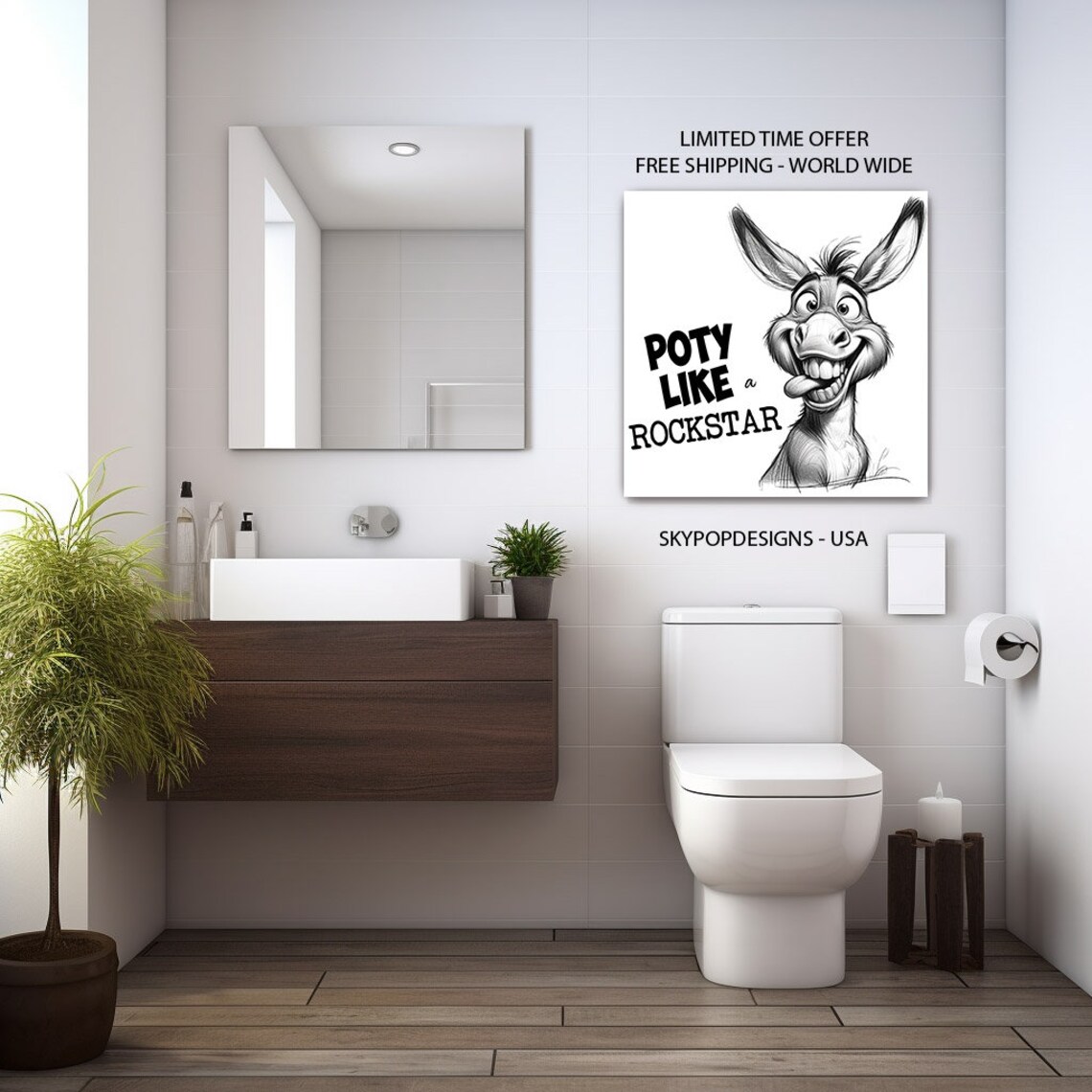 Poty Like A Rockstar Funny Cartoon Donkey Bathroom Humor Art Poster - Image 3