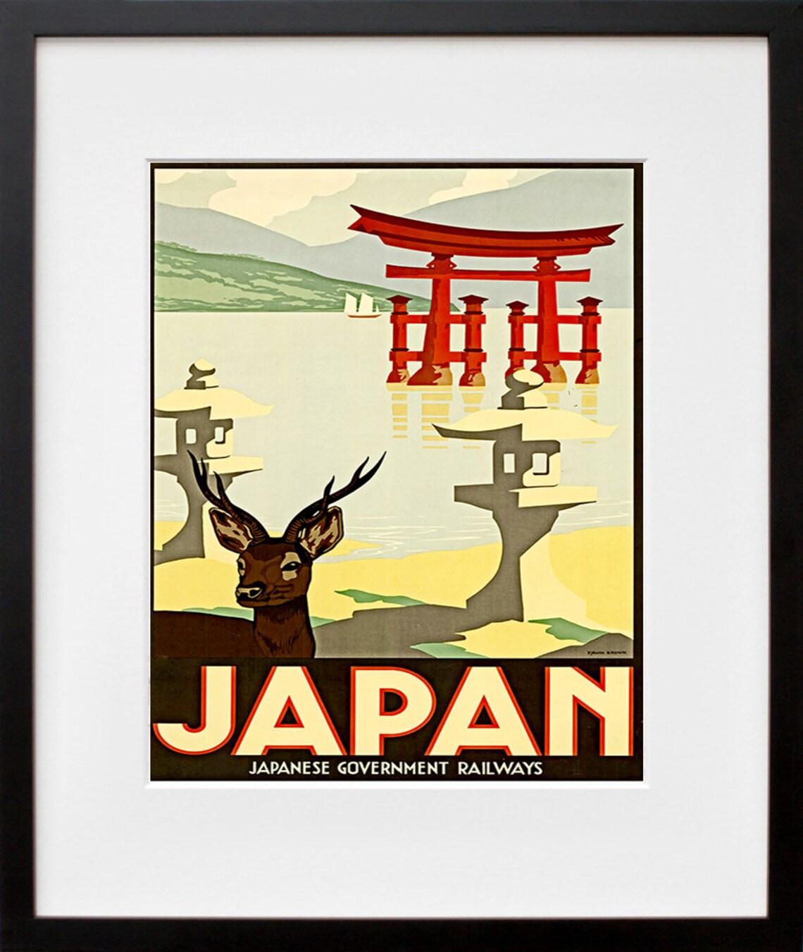 Japan Railways Sacred Deer Torii Gate Sea Vintage Travel Poster - Image 2