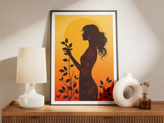 Woman Silhouette Print Sunset Moon Boho Nature Art