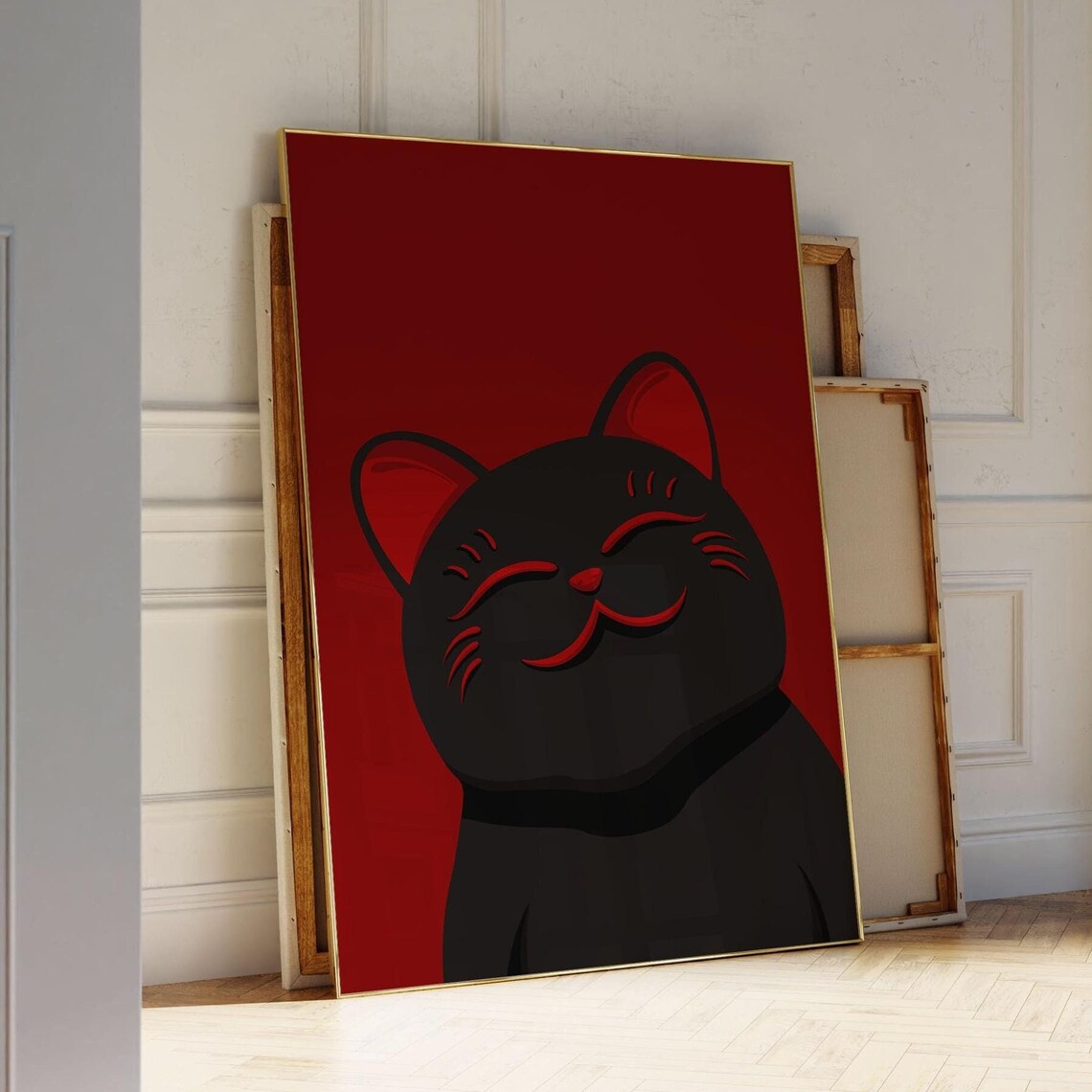 Maneki Neko Black Cat Japandi Poster Print