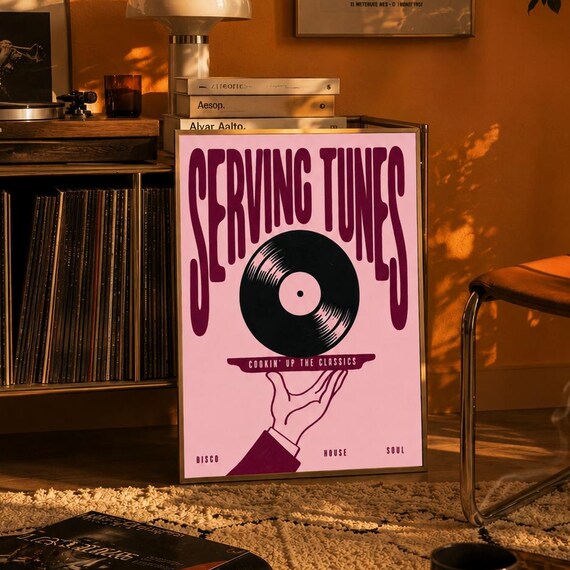 Serving Tunes Vinyl Record Print Retro Disco House Funk Soul Vintage Poster