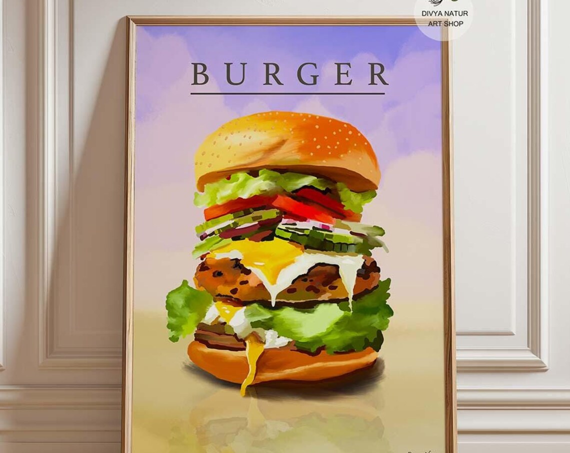 Juicy Gourmet Cheeseburger Stacked Tall Kitchen Food Art Poster