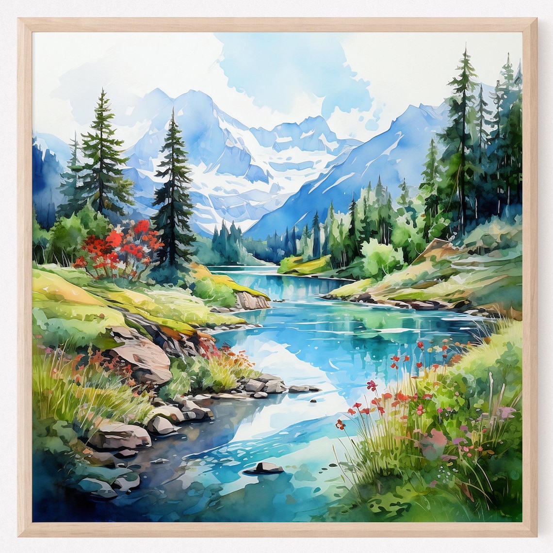 Mountain Lake Watercolor Art Print, Panoramic Landscape