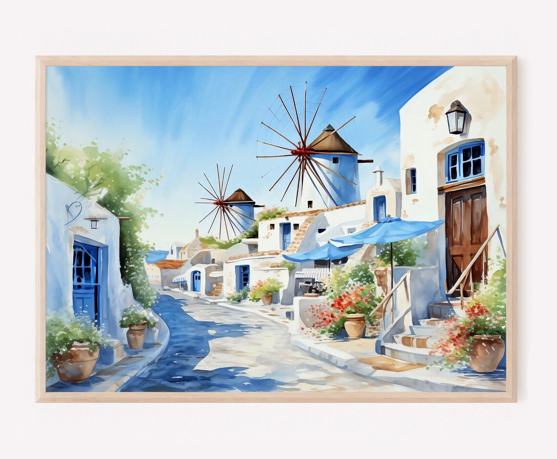 Santorini Watercolor Travel Poster, Greek Windmills