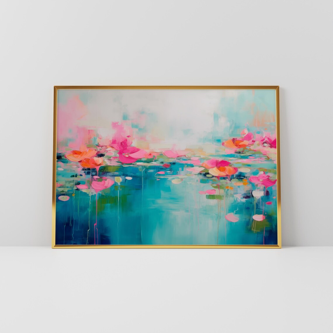 Teal Pond Abstract With Pink Red Water Lily Flowers And Drips Poster - Image 2