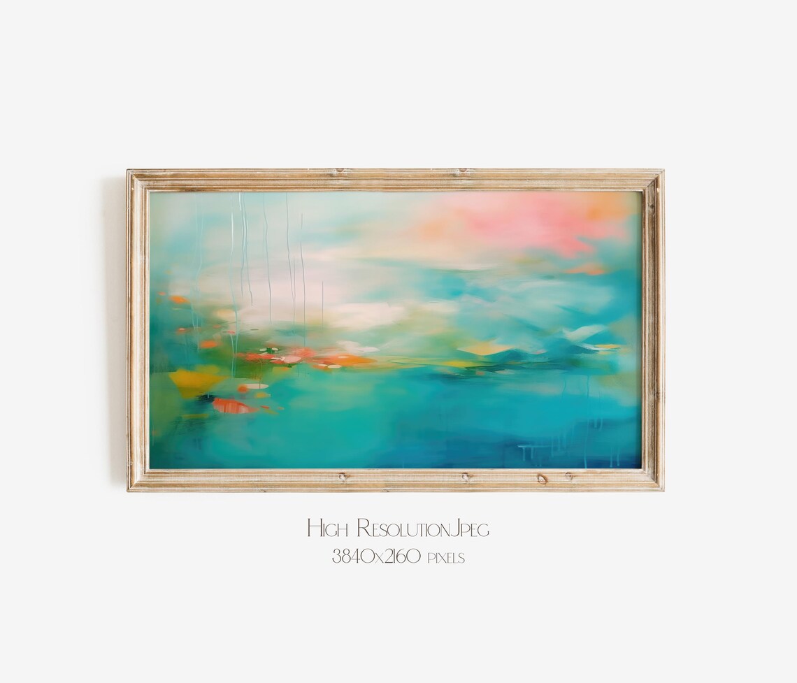 Turquoise Teal Abstract Painting With Coral Pink Accents Art Poster - Image 5