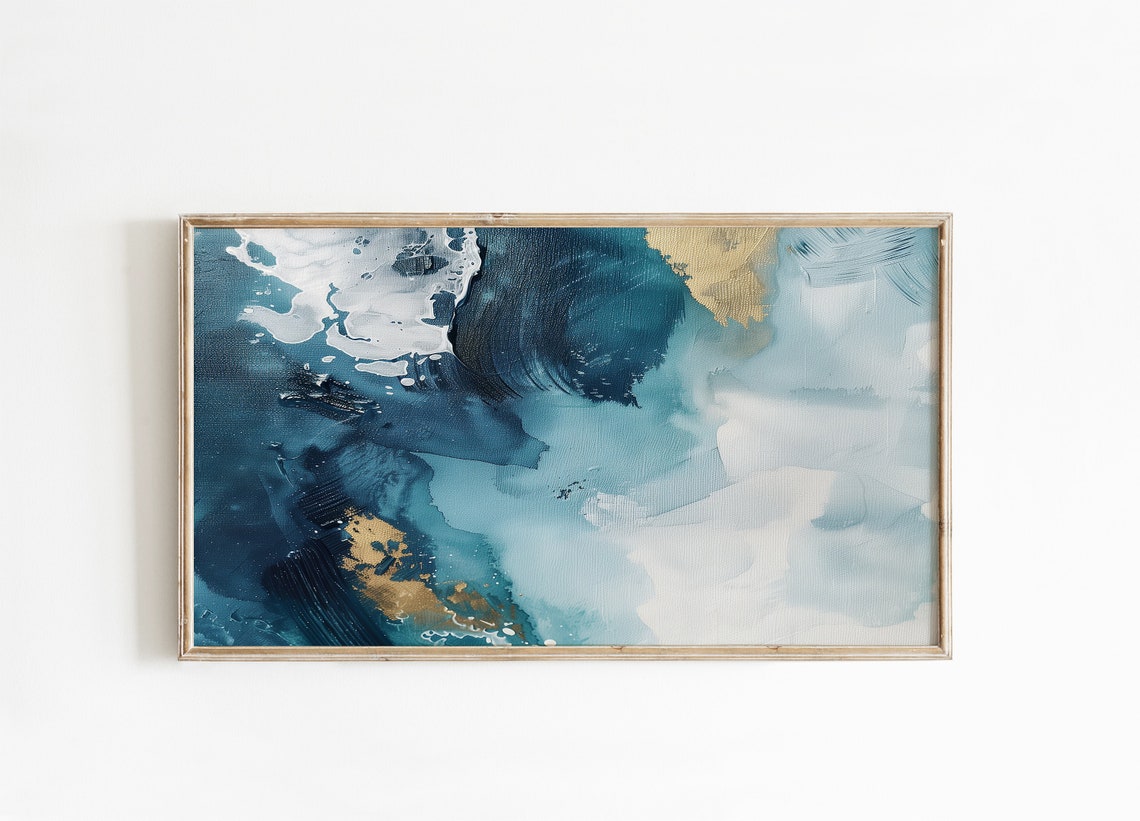 Deep Teal White Marble Gold Leaf Abstract Ocean Oil Painting Poster