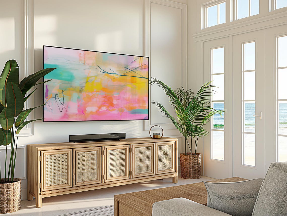 Pastel Pink Teal Orange Abstract With Black Gestural Line Marks Poster - Image 2