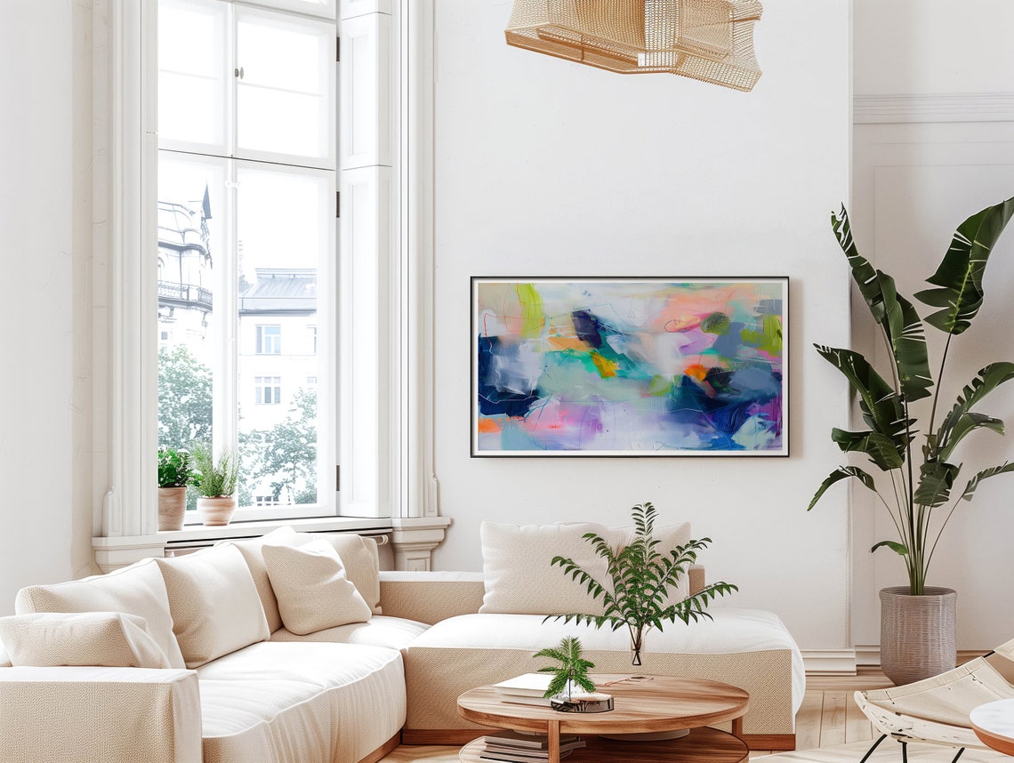 Indigo Blue Abstract Painting With Green Pink Strokes Art Poster - Image 5