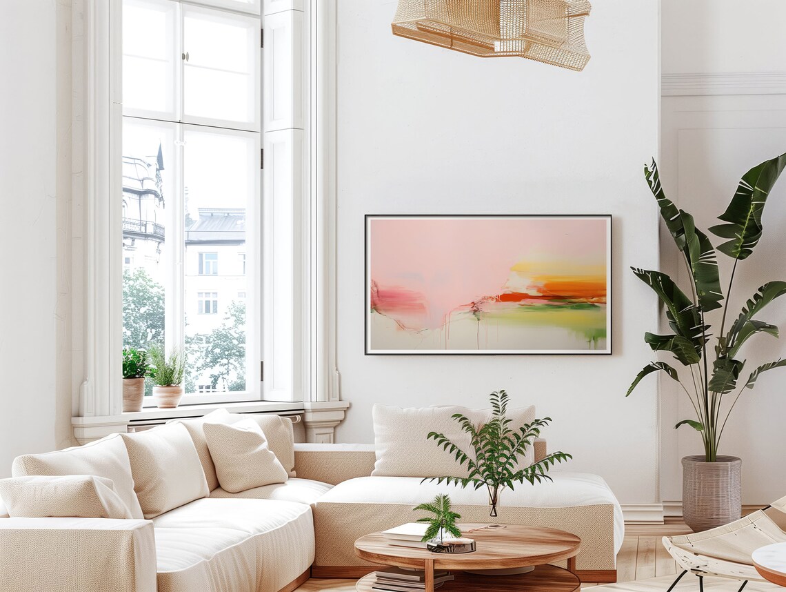 Soft Pink Abstract Painting With Red Green Horizon Streaks Poster - Image 5