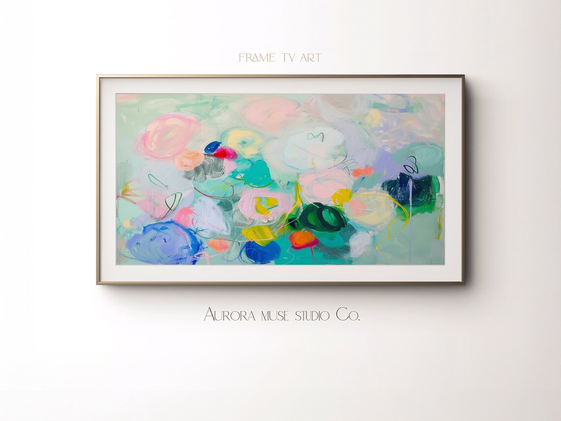 Teal Pastel Floral Blossom Colorful Abstract Oil Painting Art Print - Image 4
