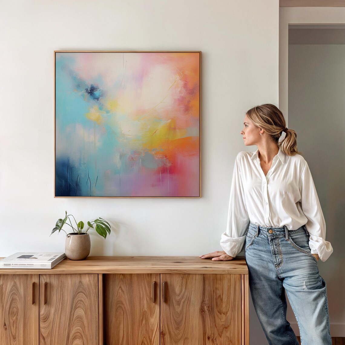 Pastel Turquoise Pink Orange Dreamy Abstract Painting Square Wall Art - Image 3