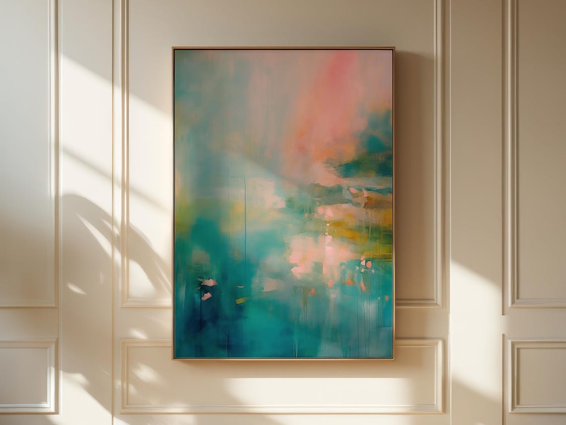 Teal Abstract Painting With Soft Pink Clouds And Paint Drips Poster - Image 4