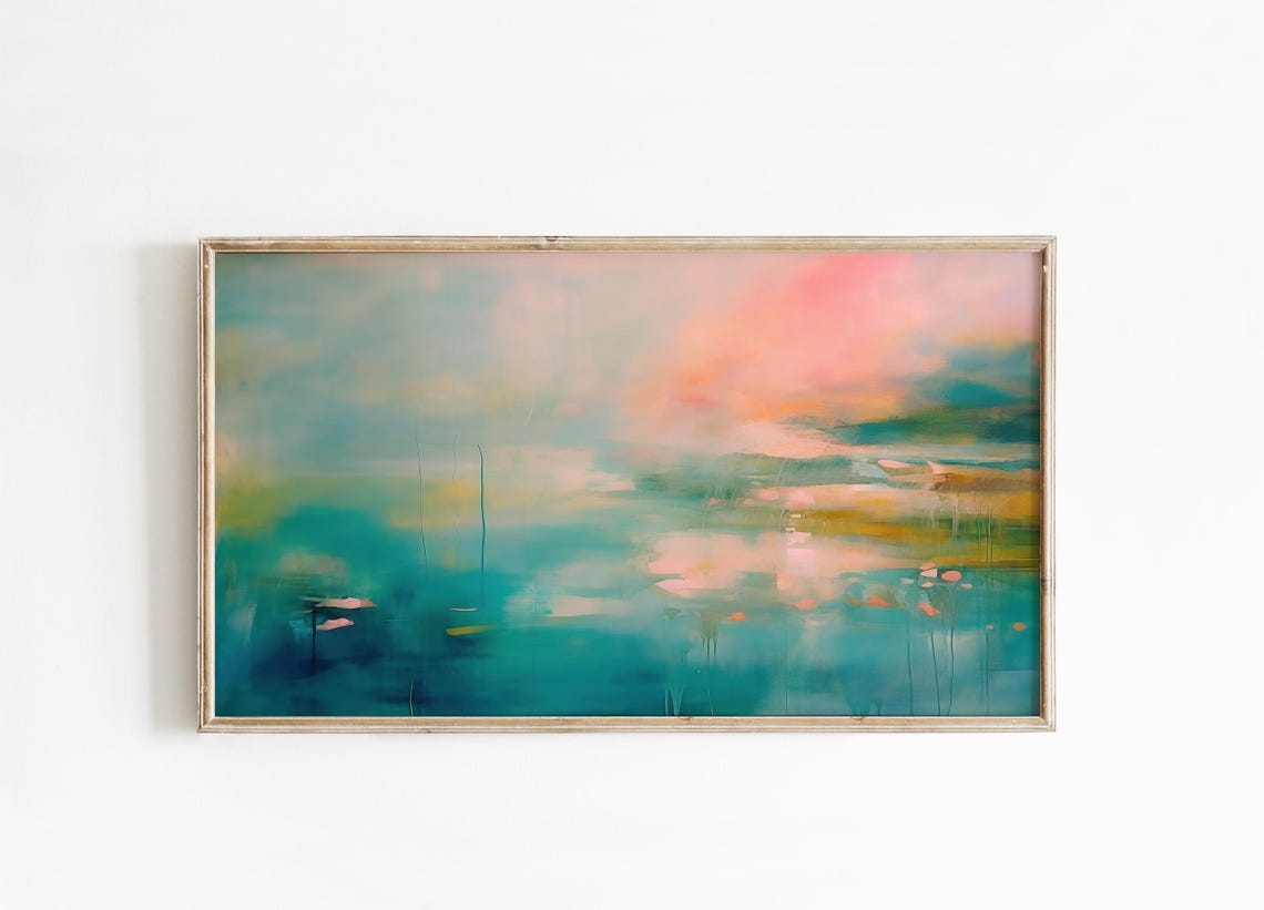 Teal Green Abstract Water Landscape With Pink Cloud Reflections Poster