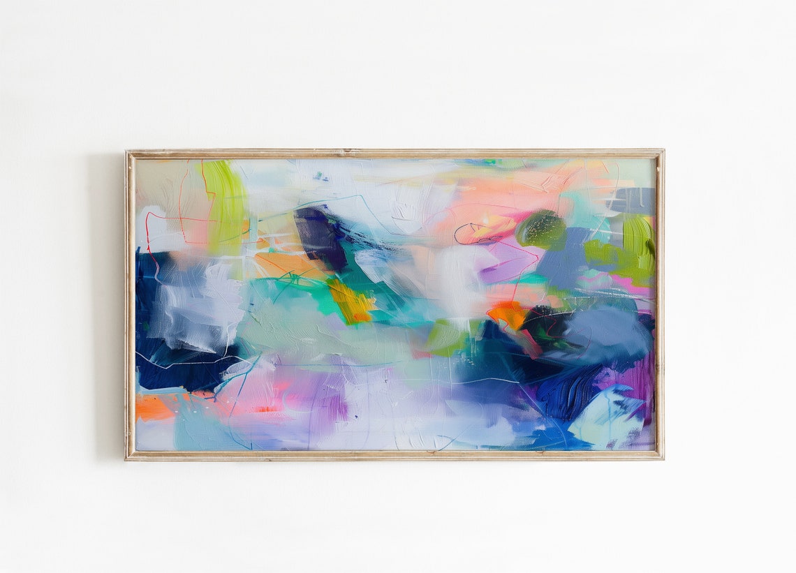 Indigo Blue Abstract Painting With Green Pink Strokes Art Poster