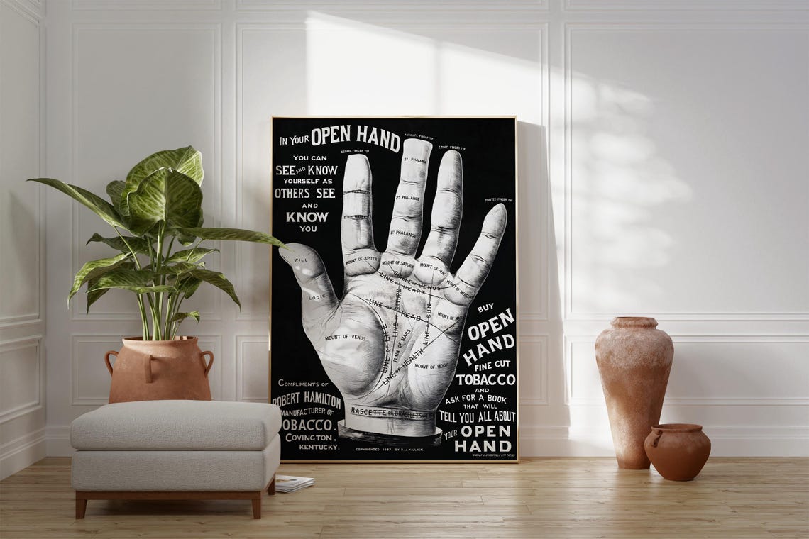 Open Hand Fortune Teller Art Poster Future Telling Artwork Original Gift Idea Psychic Wall Art Decor Gipsy Art Print Black And White - Image 2