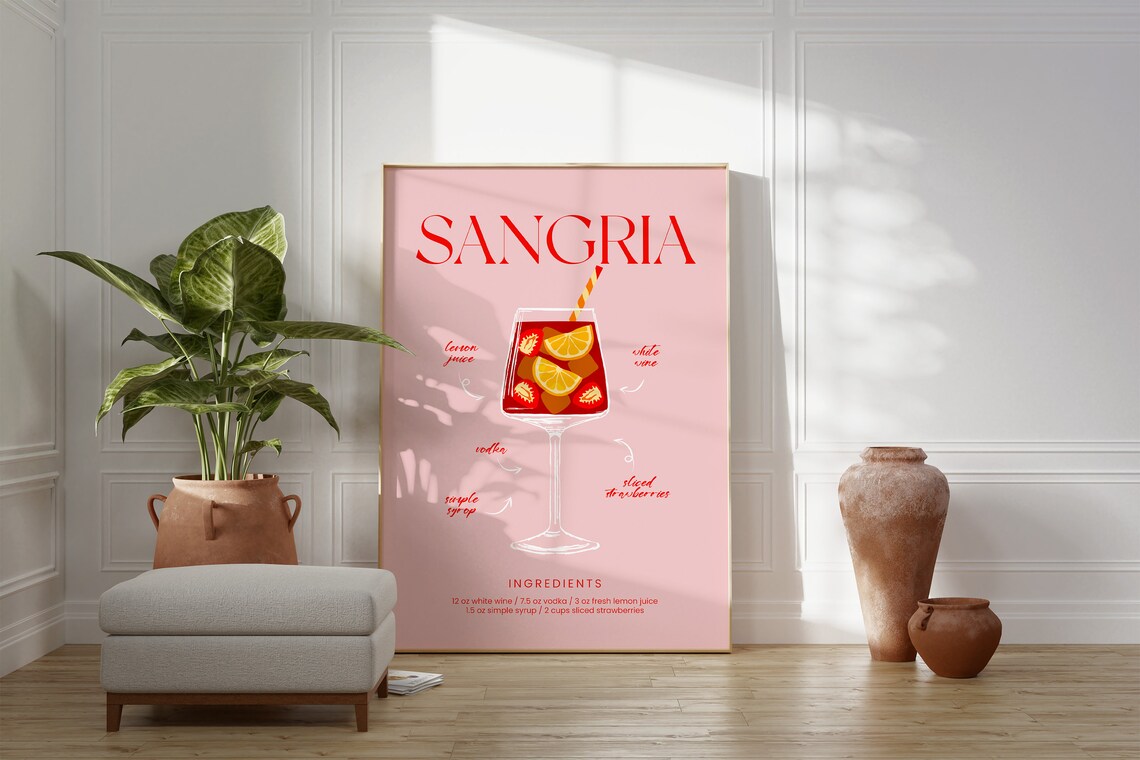 Sangria Cocktail Ingredients Recipe Elegant Pink Bar Wall Art Poster - Image 3