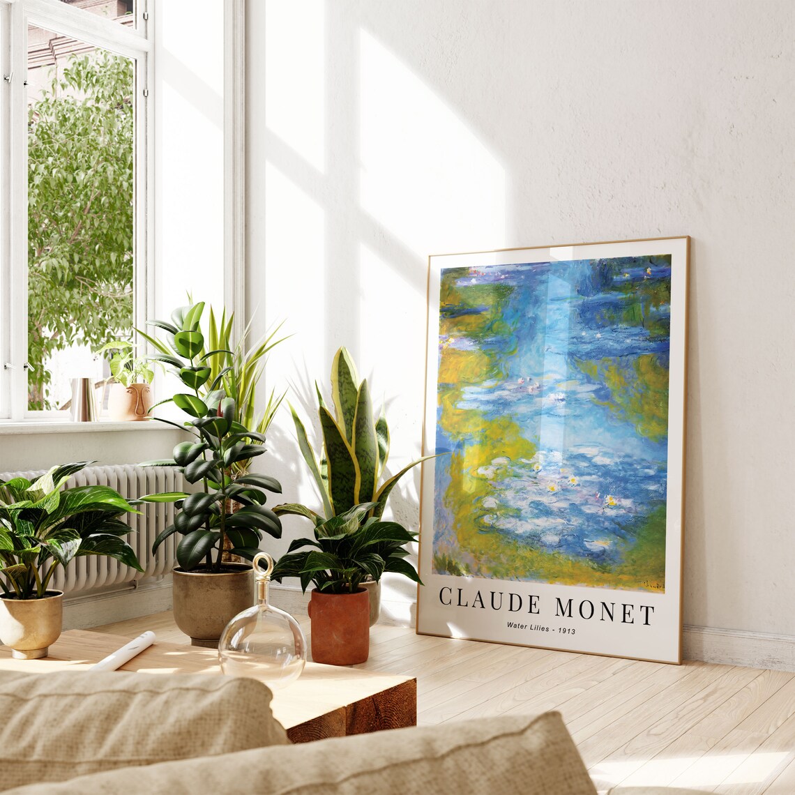 Claude Monet Water Lilies 1913 Vivid Blue Golden Reflections White Poster - Image 3