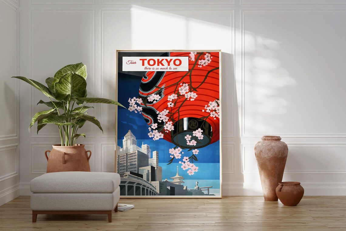 Tour Tokyo Red Lantern Cherry Blossom Vintage Japanese Travel Poster - Image 3