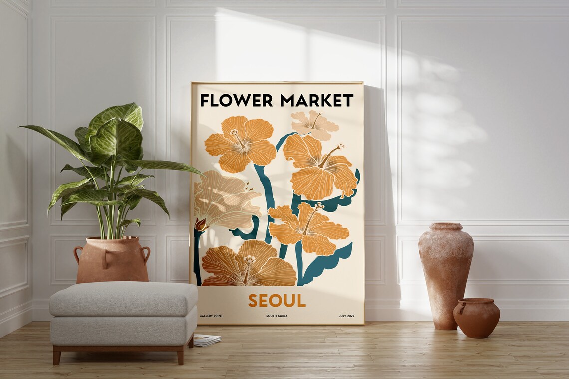 Flower Market Seoul Hibiscus Botanical South Korea Retro Travel Poster - Image 2