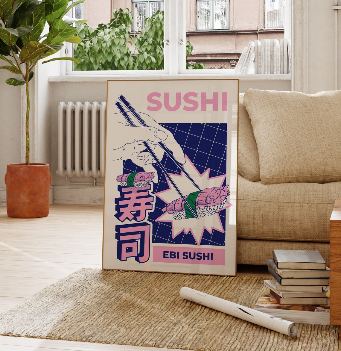 Ebi Sushi Shrimp Nigiri Pink Pop Art Japanese Food Illustration Poster - Image 4