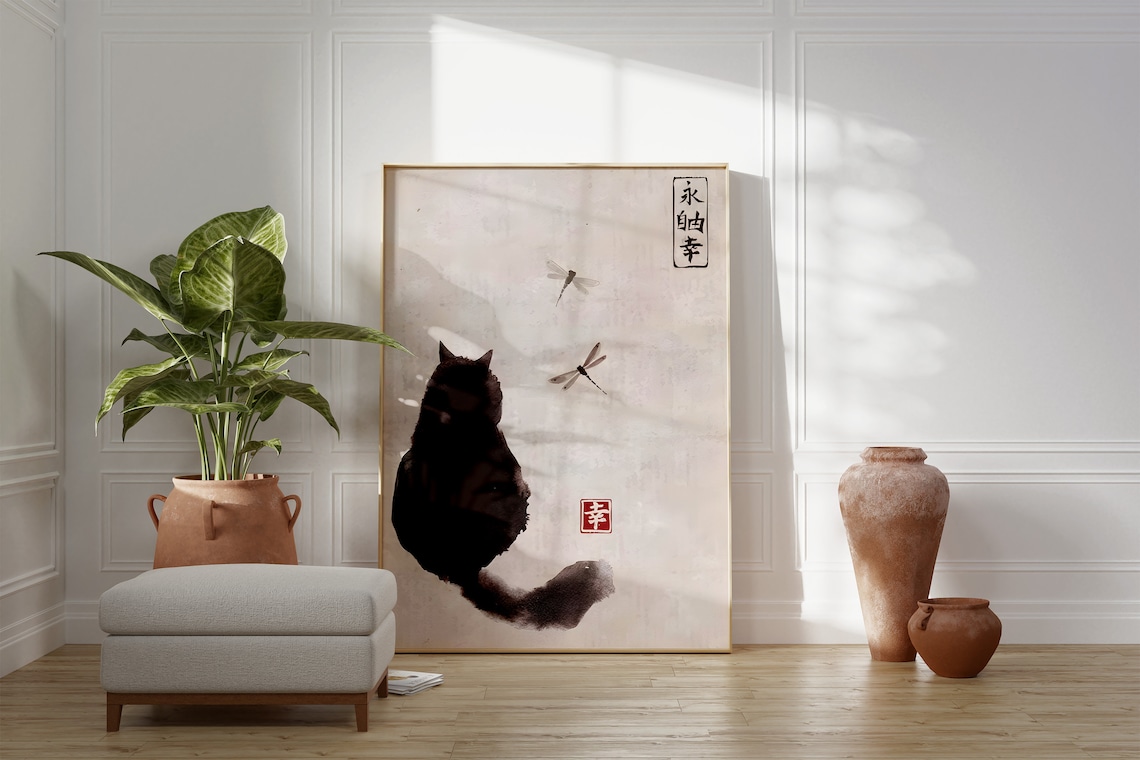 Japanese Black Cat Vintage Art Print, Japan Decor - Image 2