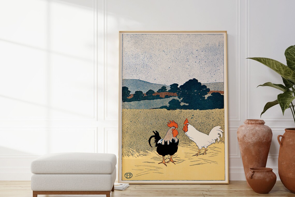 Vintage French Roosters Wheat Field Farm Life Countryside Print - Image 4