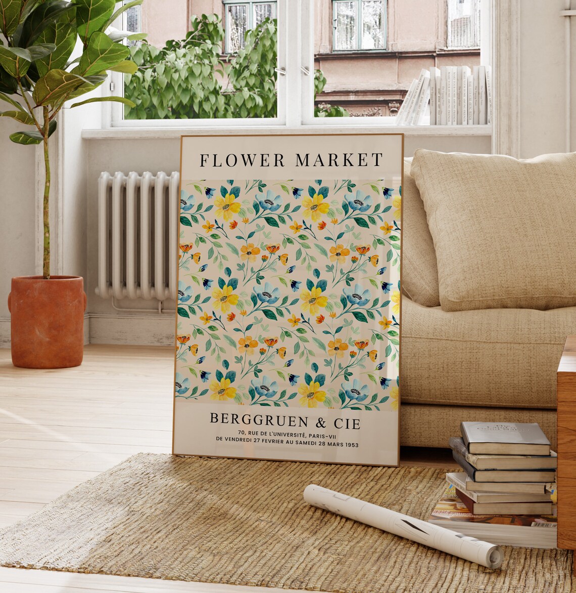 Flower Market Paris Poster Yellow Blue Floral Watercolor Wall Art - Image 4