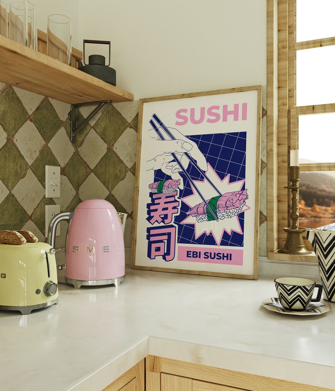 Ebi Sushi Shrimp Nigiri Pink Pop Art Japanese Food Illustration Poster - Image 3