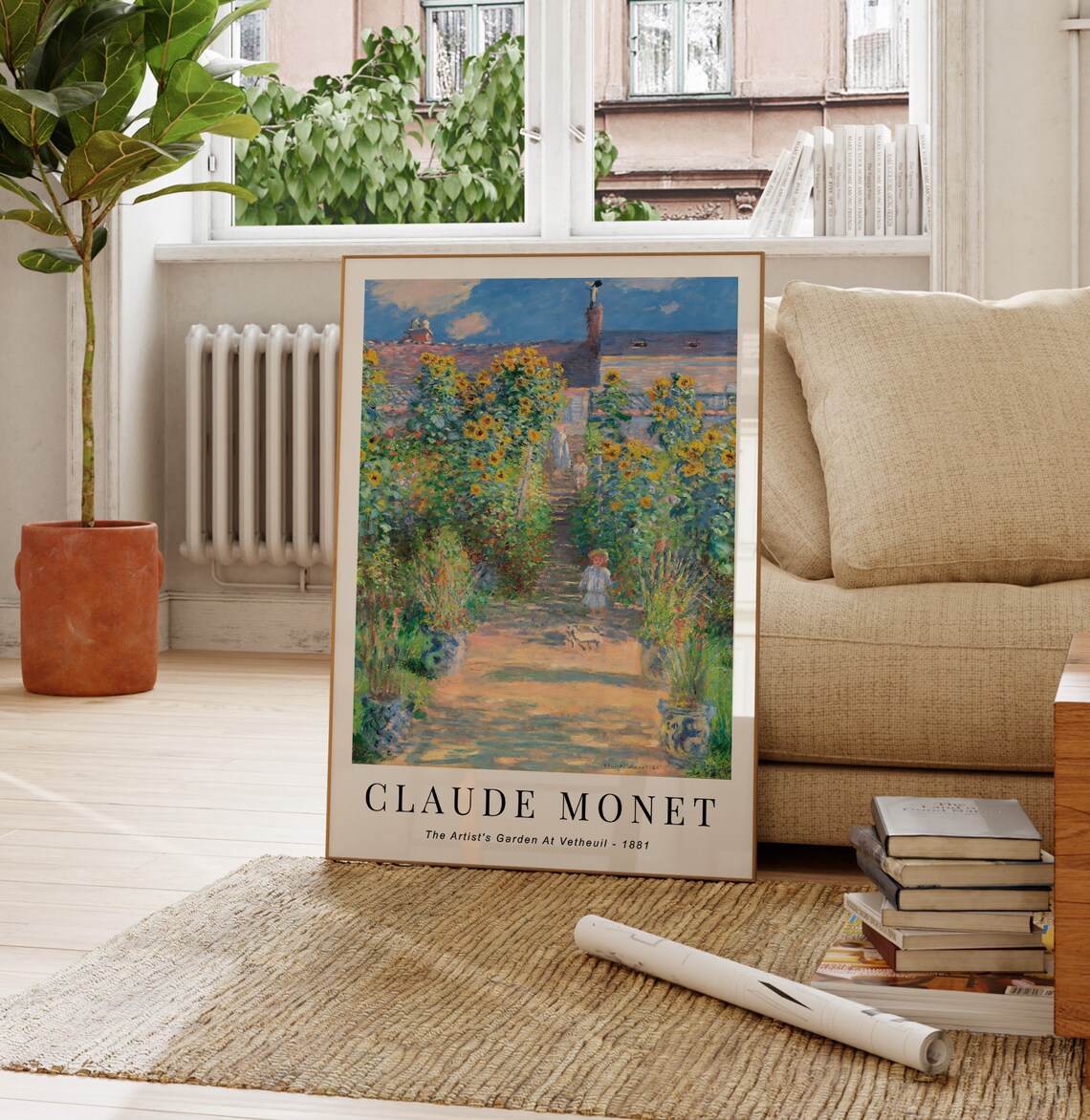 Claude Monet Artists Garden Vetheuil 1881 Sunflowers Child Dog Poster - Image 2