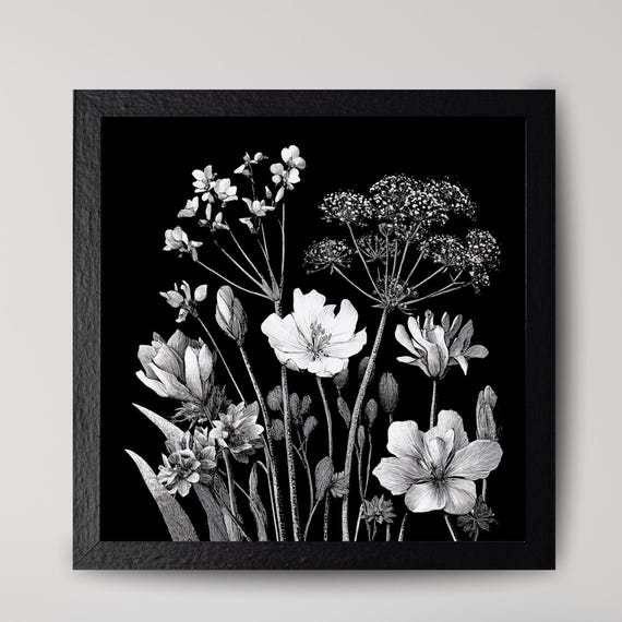 Monochrome Botanical Poster Stylish Vintage Flower Illustration Wall Art Instant