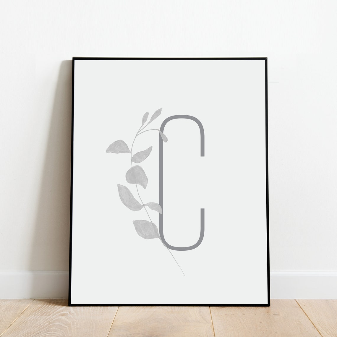 Letter C Botanical Initial Print with Delicate Gray Leaf Sprig Design