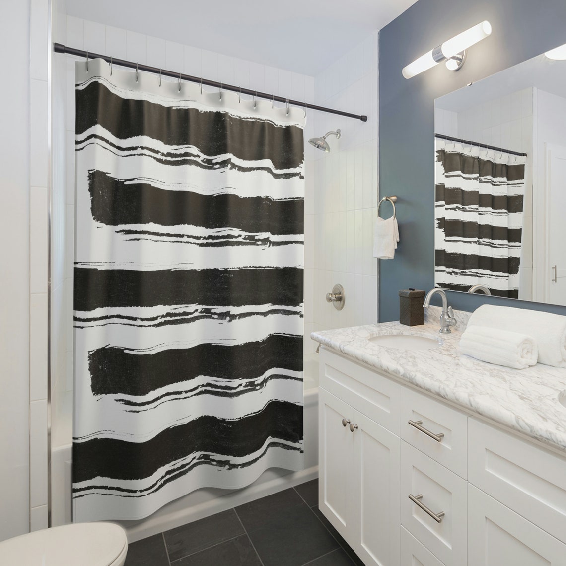 Black and White Brushstroke Shower Curtain with Bold Stripe Print - Image 3